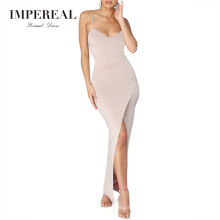 Asymmetrical High Slit V Neck Spaghetti Strap Bodycon Maxi Dress